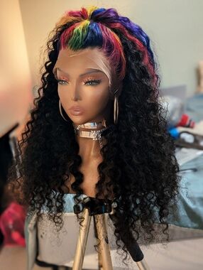 HUMAN HAIR Rainbow Front Lace Curly Wig - Black Base